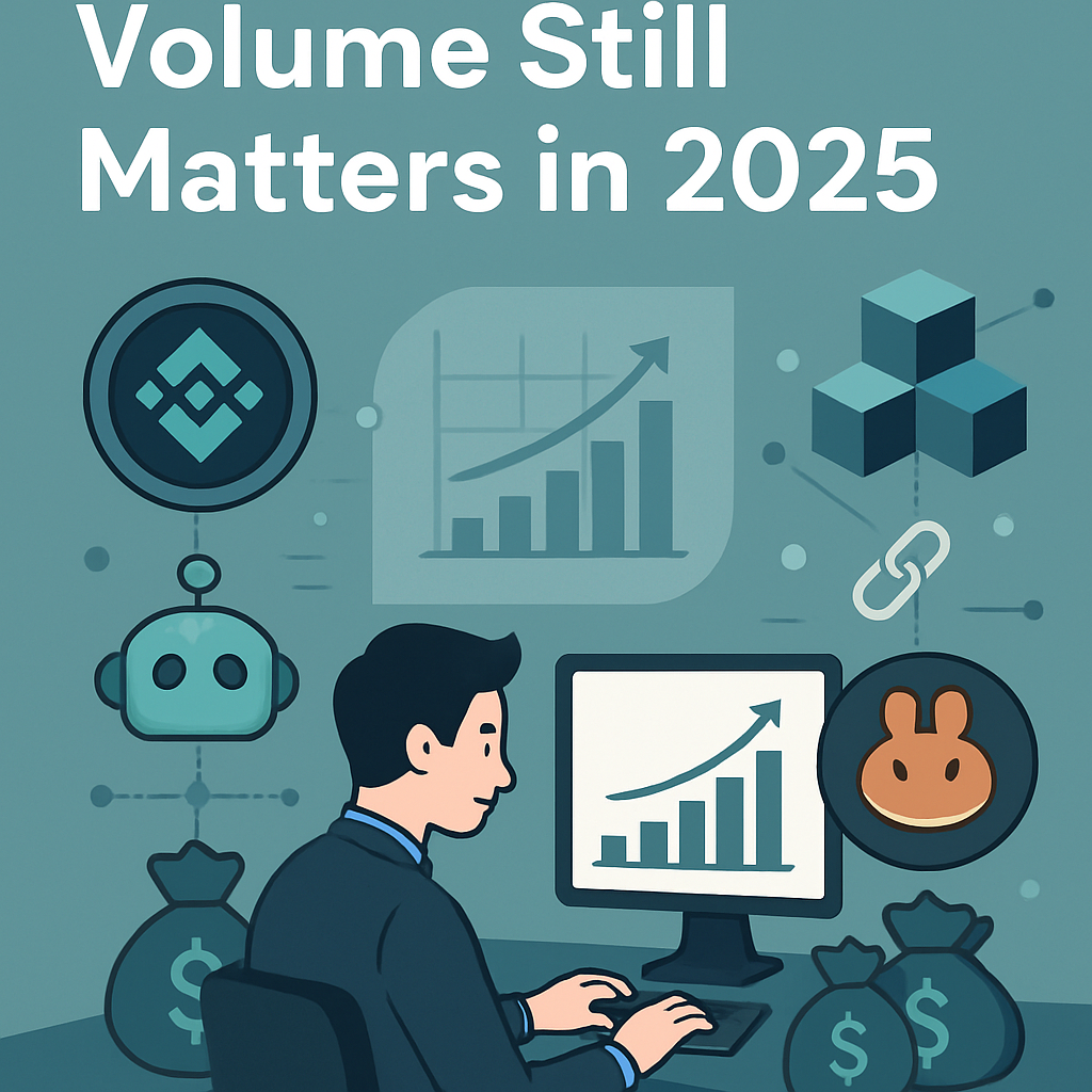 Crypto trader monitoring BNB Chain token volume and PancakeSwap charts on multiple screens - What Is a BNB Chain Volume Bot (and What It Isn’t)?