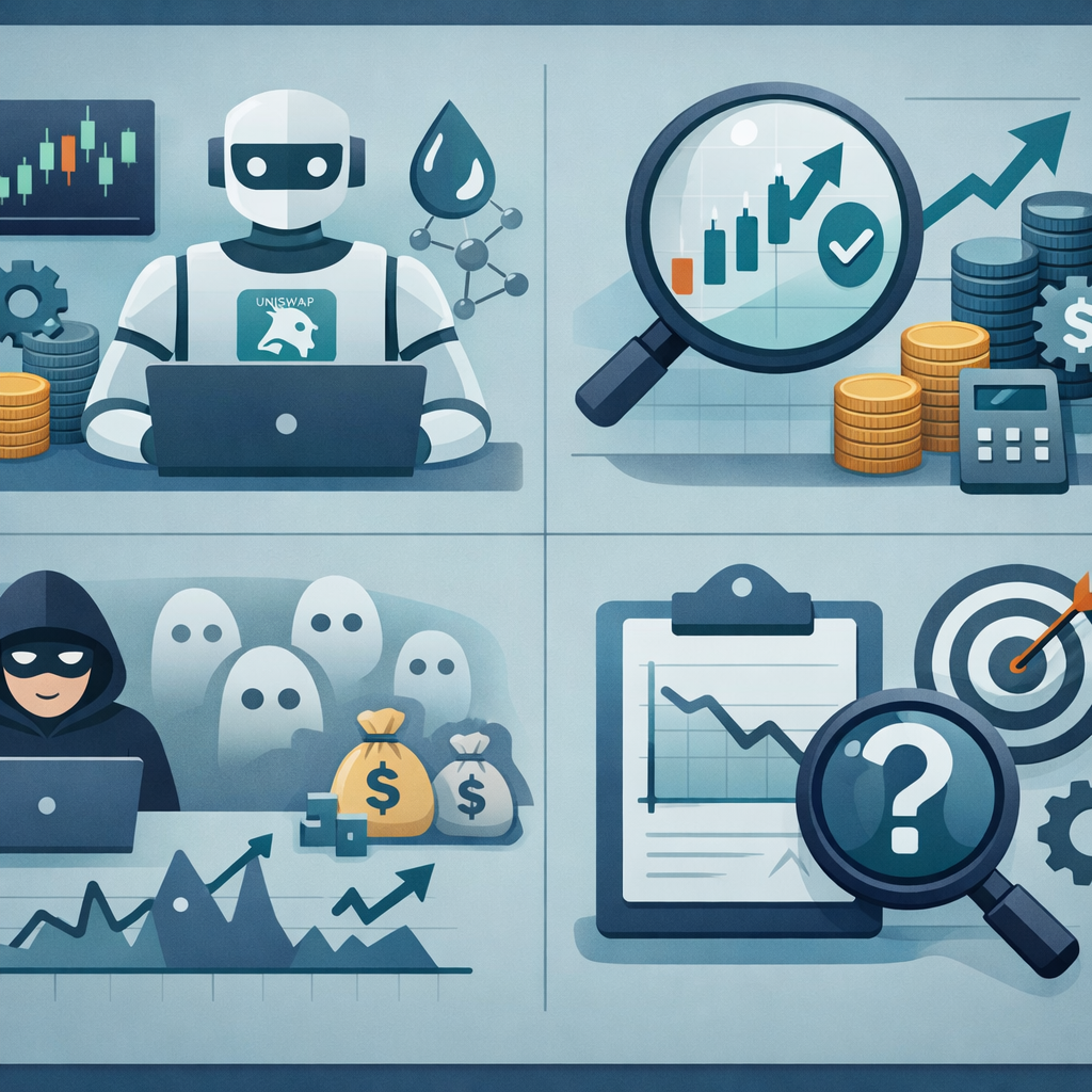 Trader analyzing Uniswap volume, liquidity, and spread on an Ethereum DEX chart - What a Uniswap volume bot actually does (and doesn’t)